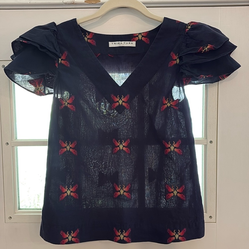 Trina Turk Blue Butterfly Ruffle Short Sleeve Top Small